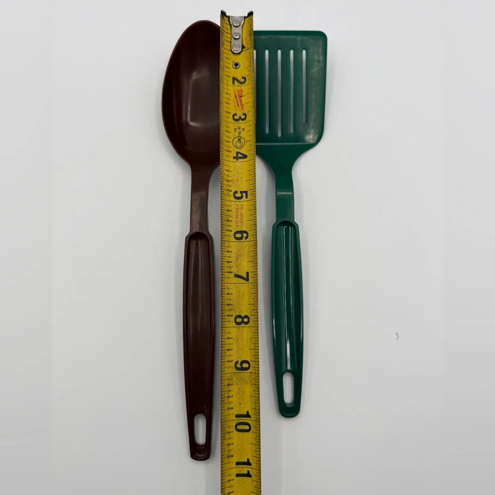 Vintage EKCO Utensils Lot Spoon & Slotted Spatula Green Brown Nylon Kitchen USA